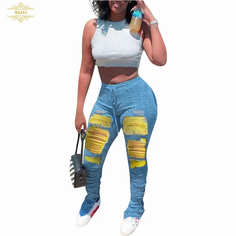 
New arrival Women Flare Jeans Full Length Denim Flare Capris Pants Pocket Holes Bell Bottom Trousers Boot Cut Ruffle Denim Pants 