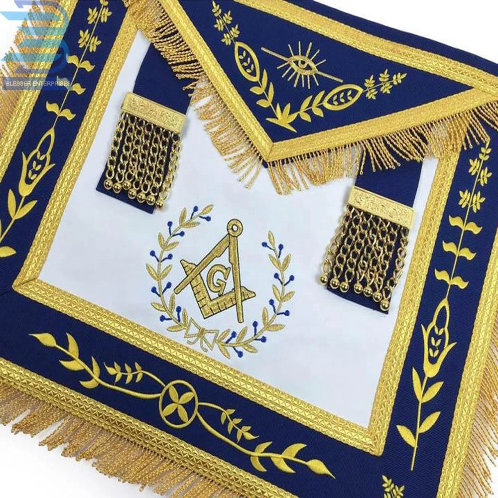 Bullion Hand Embroidery Masonic Regalia Blue Lodge Master G Mason Gold Machine Embroidery Apron With Fringe