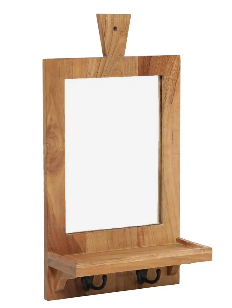 Wall Mount Mirror with Wood Shelf and Hooks for Towel Hangng Handcrafted Wooden Mirror Wall Mount Bathroom Wooden Mirror Shelf
