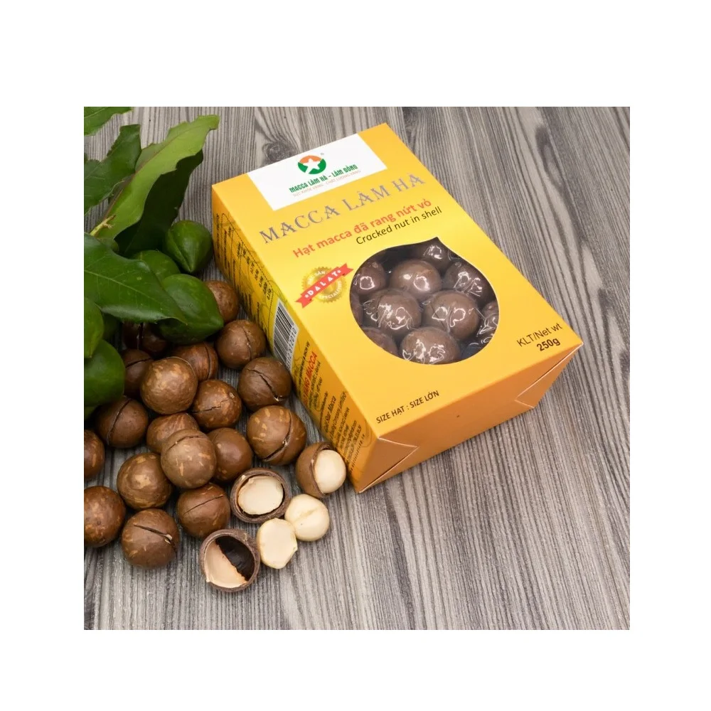 ISO Certification Dry Cracked in Shells Dried Style 250 gram 25+mm Macadamia nuts (yellow box) from Vietnam