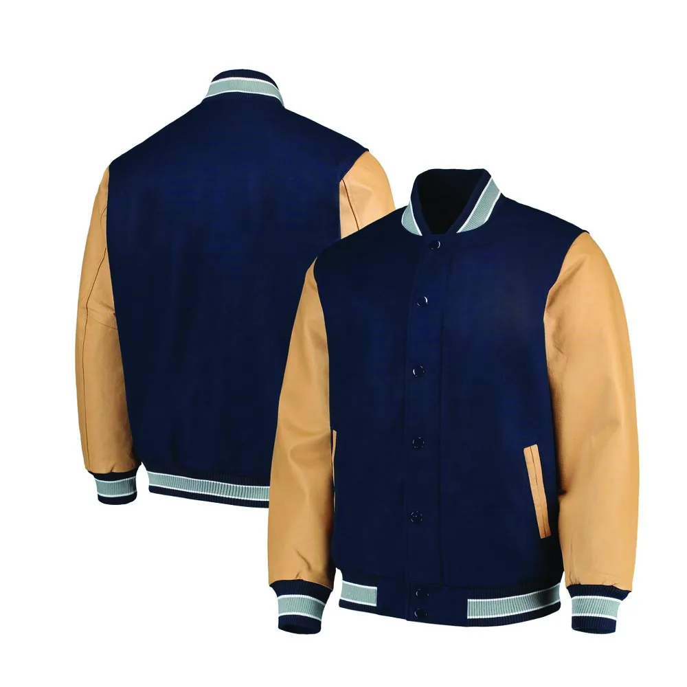 Wholesale Custom made Baseball Jacket Navy Blue Wool & Leather Varsity Letterman Bomber Fleece embroiled bomber jacket