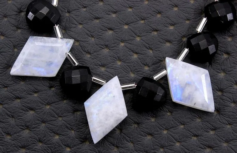 Natural Rainbow Moonstone Kite Shape And Black Tourmaline Heart Shape Faceted Briolette Beads Making Jewelry