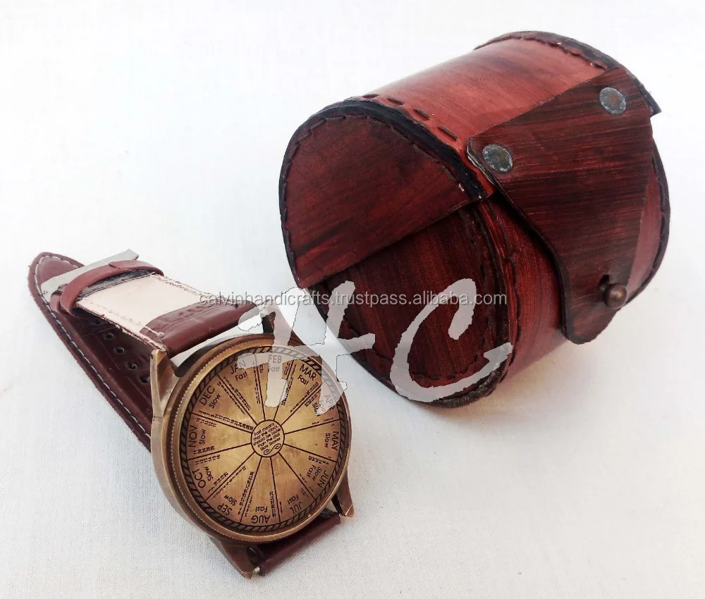 Calvin Handicraft Antique Nautical Sundial Compass Solid Brass Wrist Watch with Leather Case For Father Mother Brother CHCOM001