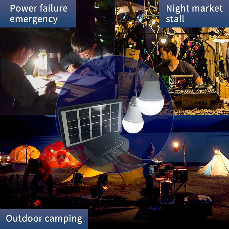 3W portable mini solar lighting kit with 2 led bulbs small home energy system with DC lamp charging USB port