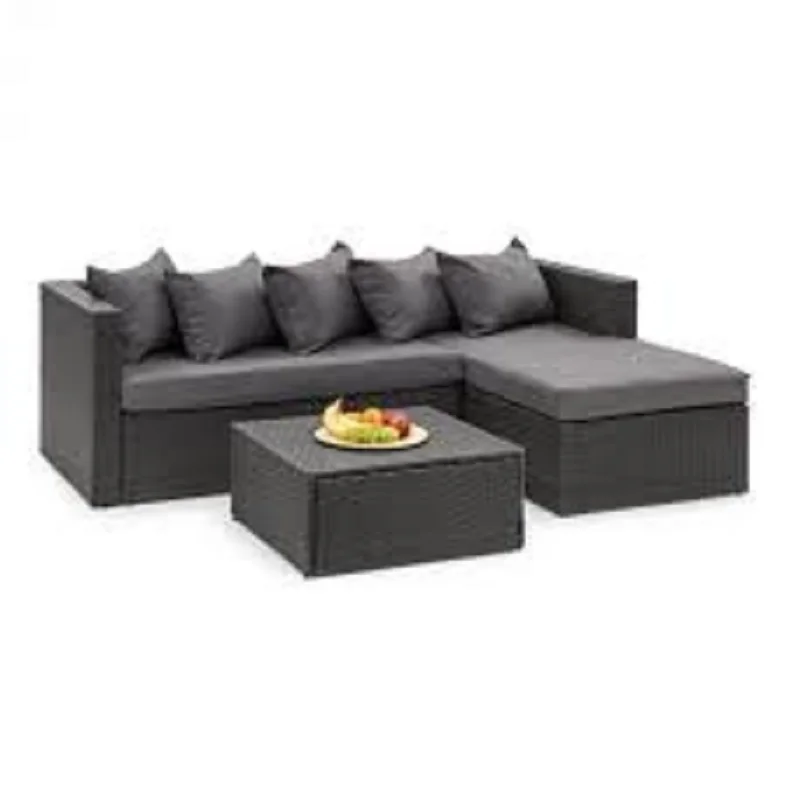 TABLE WITH T-GLASS; LOUNGE CHAIR FIT SOFA 3-SEATER OUTDOOR POLY RATTAN/ WICKER/ RESIN BLACK COLOR / RESINTANT WATER FABRIC