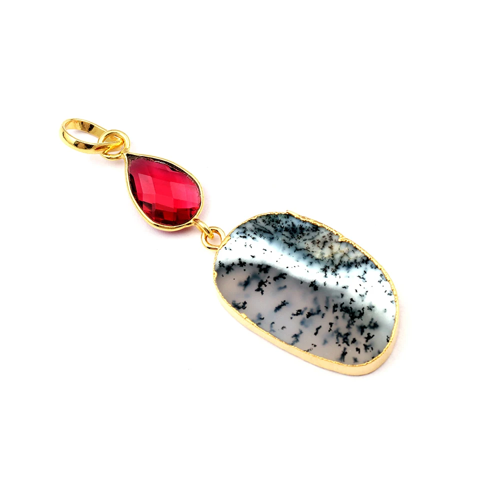 Dendrite Opal & Pink Fuchsia Gemstone Necklace  Pear Shape Stone Dangle Necklace Gold Electroplating Jewelry Mode Joyas N-041
