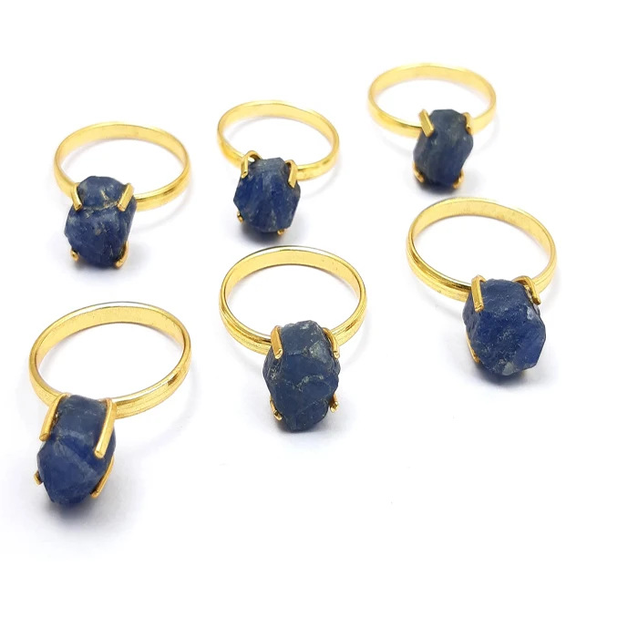 Blue Sapphire Raw September Birthstone Gold Plated Prong set Ring