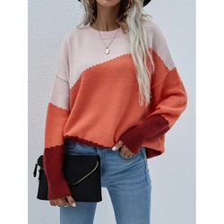 Hot Sale Women Pullover Crew Neck Color Block Long Sleeves Sweater Girls Stylish Knitted Pullover Sweater