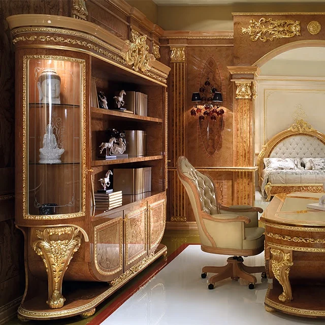 Luxury italian style hand made carved wood office writing table for Grand Palace, Gilded writing desk