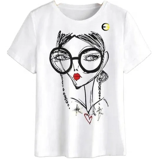 Women Cartoon Portrait Print Tee Style  Short Sleeve Short T-Shirt Casual Women