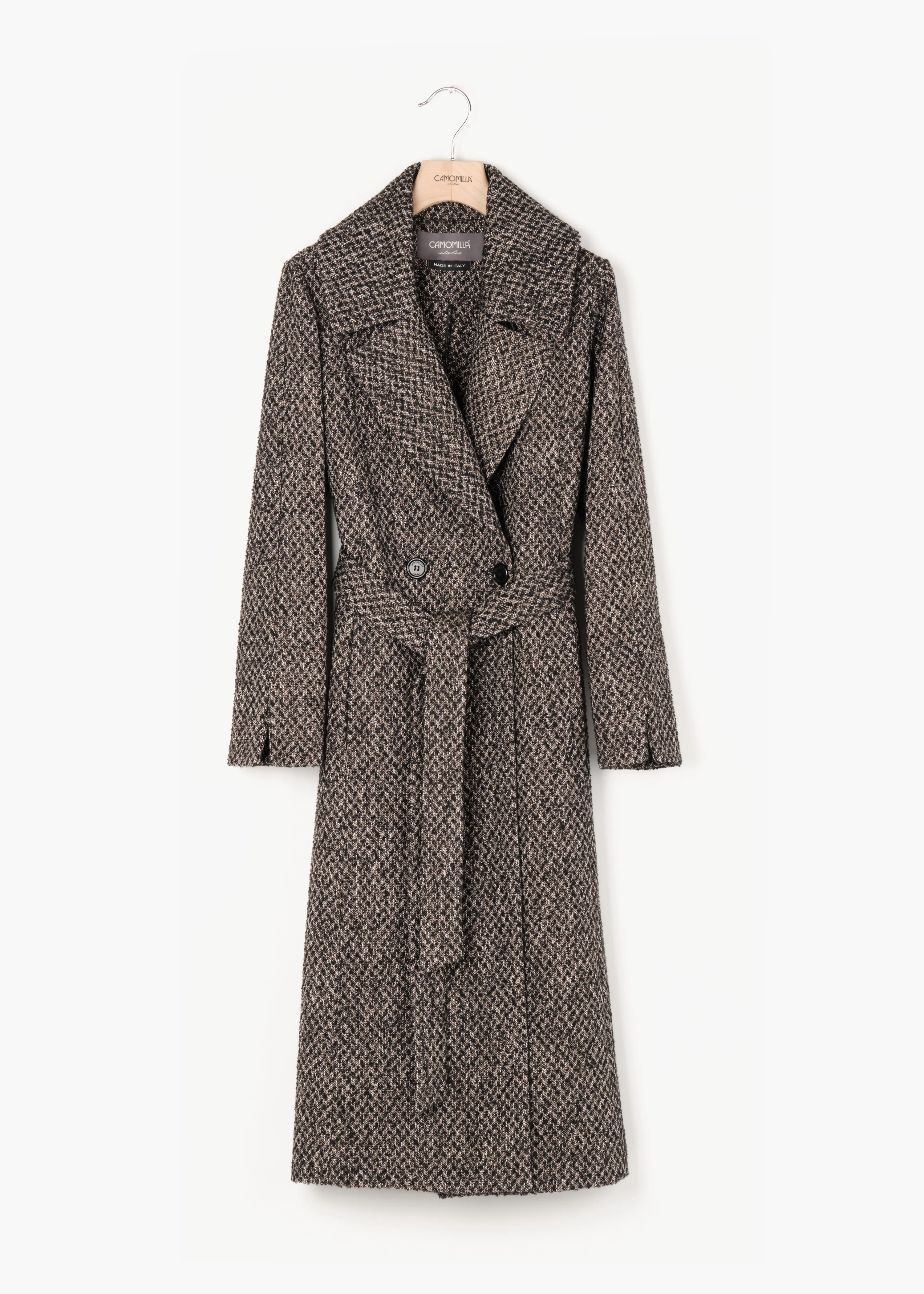 Italian Long Double-Breasted Coat in Herringbone Fabric|Padded with Quilt Lining|Women Fashion