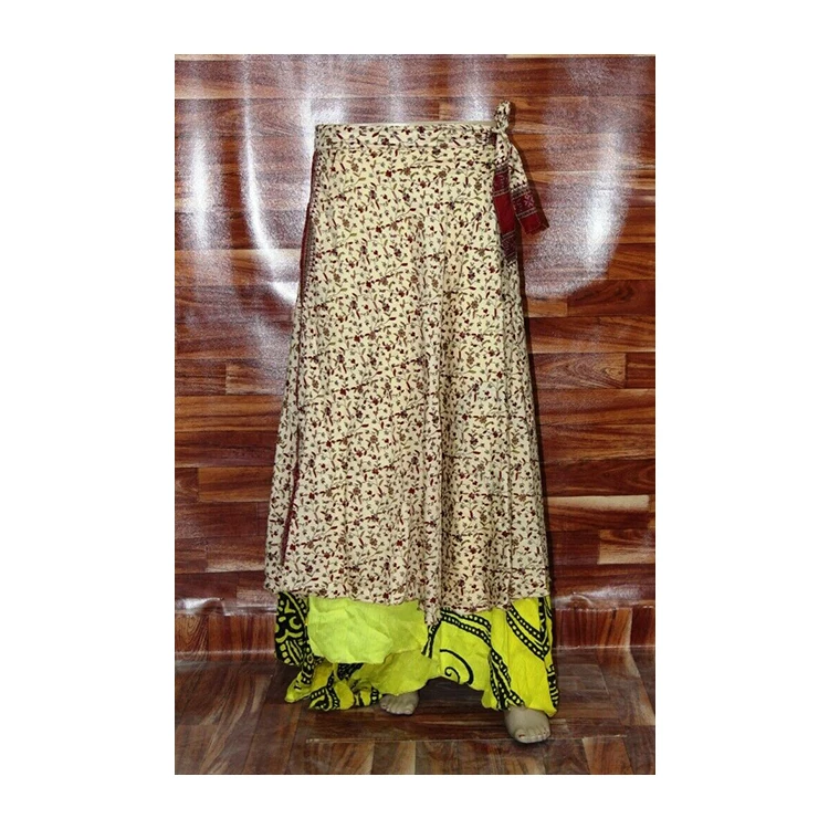 Stylish Floral Wrap Around Gypsy Boho Summer Casual Vintage Chic Floral Silk Sari Elastic Midi Beach Skirt Women Skirt