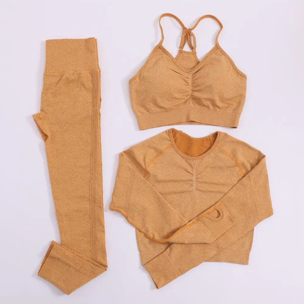 Wholesale High Quality Women 3 Piece Crop Top Sports Bra Leggings Workout Clothing 3 Piece Seamless Yoga Set