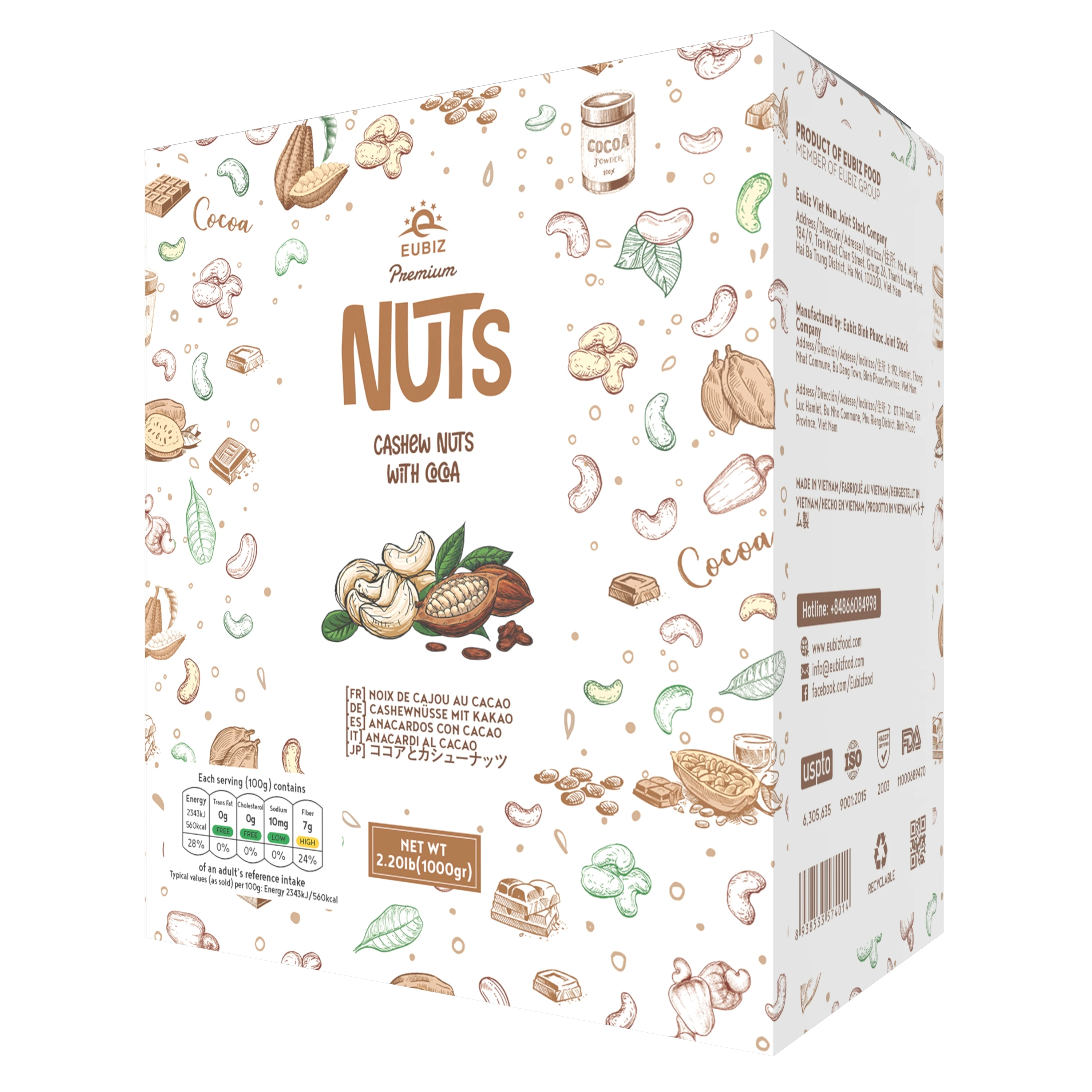 Whole Sale EUBIZ Cashew nuts Flavor Cocoa ( Cacao ) - High Quality Noix de cajou pure - Box (paper) 1000g (35.3 OZ) - VietNam