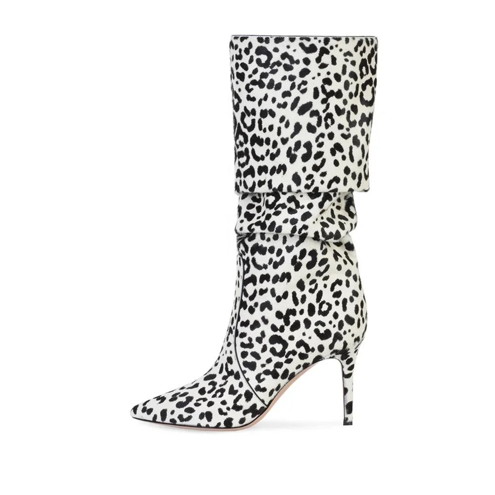 Sexy Womens High Heel Pointed toe Leopard Pony Hair Slouch Knee High Boots
