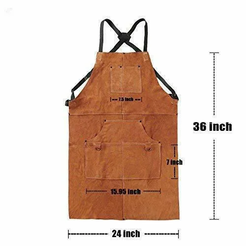 Cow Leather Welder Welding Protective Gear Apron Work Safety Workwear Bib Split With Neck Woven Strap
