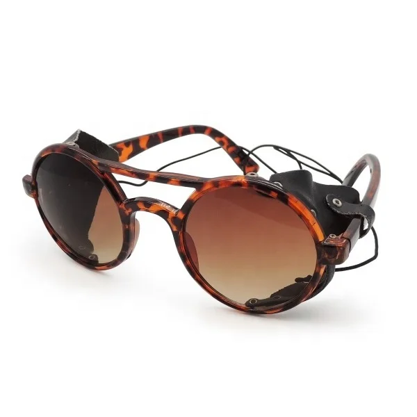 Round designer sunglasses with leather side shield