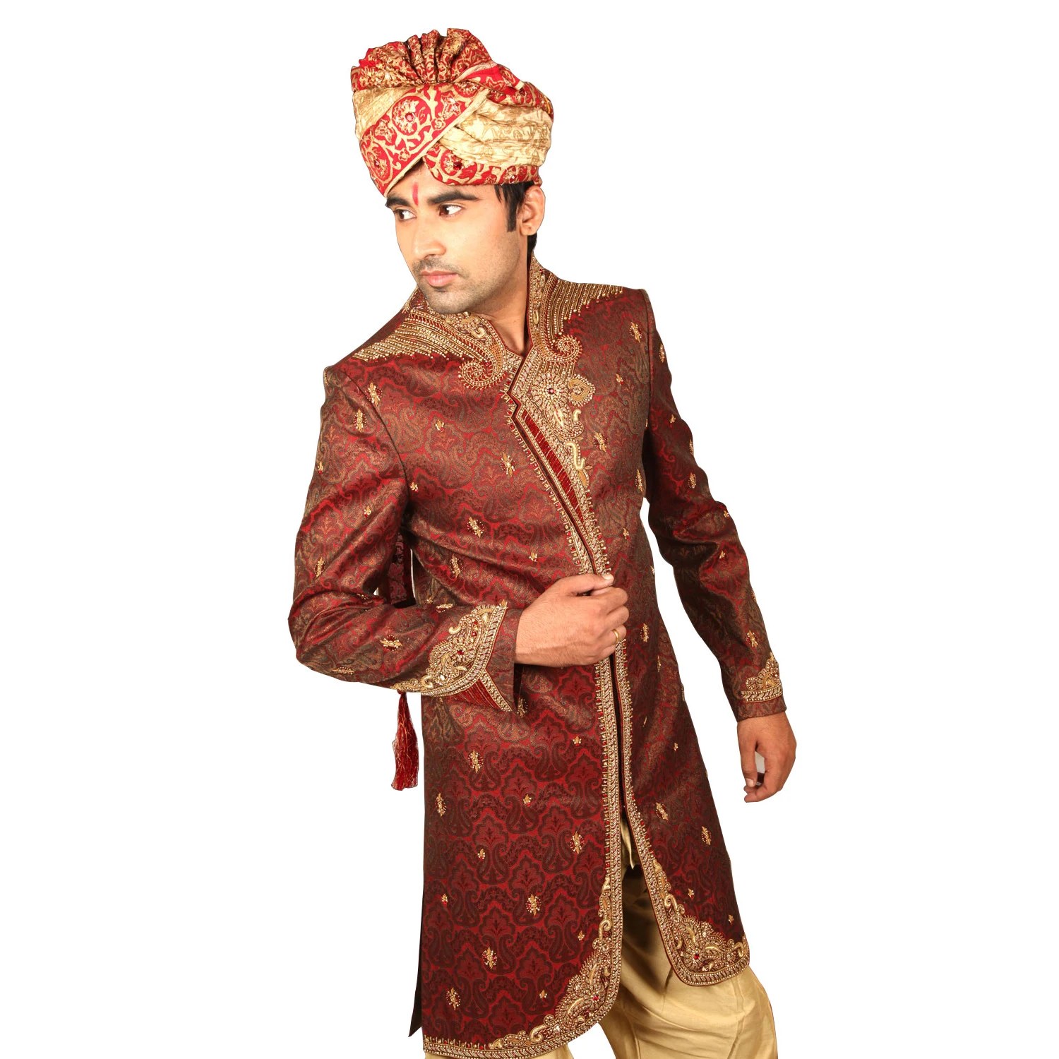
Magnificent Indian Wedding Maroon Sherwani For Men Ruby Red Stones And Golden Cora Work On Cuffs As Well As Its Back 