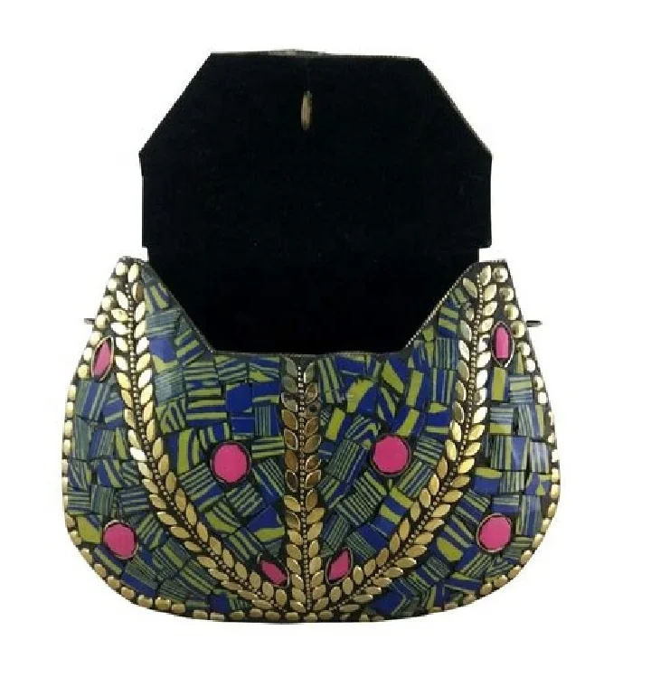 ETHNIC VINTAGE INDIAN MOSAIC METAL CLUTCH  PURSE AT LOW PRICE BY ART ASSEMBLY