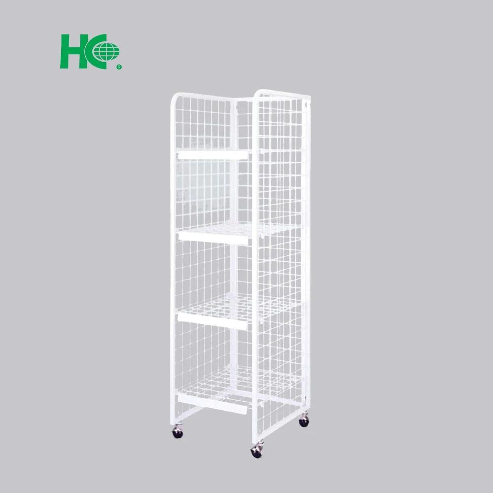 White metal newspaper display rack with casters