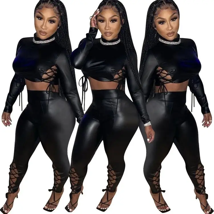 fall pu lace up two piece leggings set casual black faux leather long sleeve crop top 2 piece set women clothing