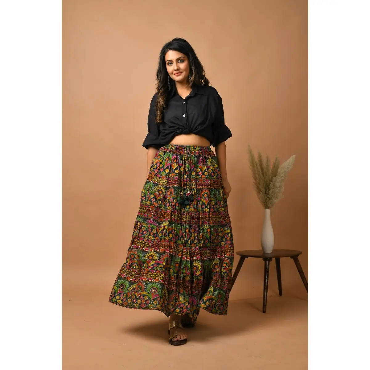 Latets in fashion Green Floral Flared Cotton Skirt for womens