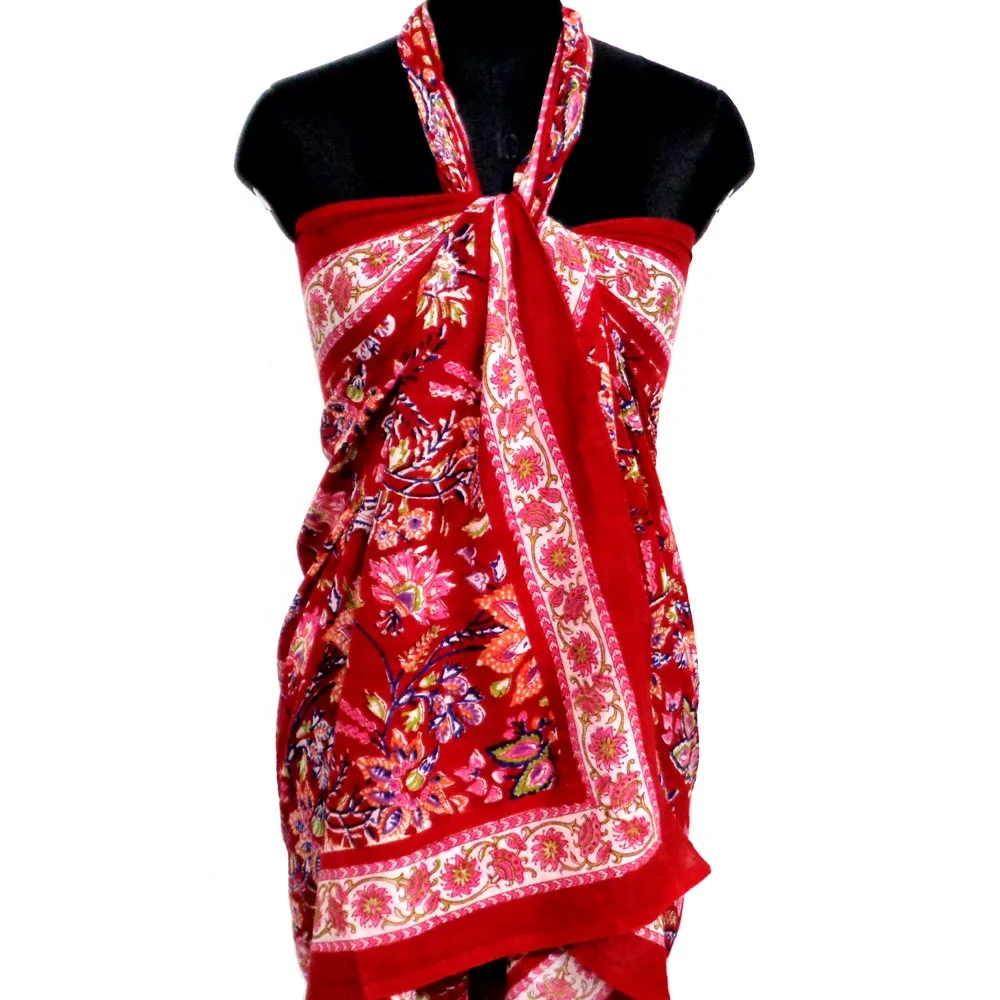 Latest Design Misty Red Gud Indian Women Wear Beach Wrap Hand Block Printed Cotton Sarong For Sale