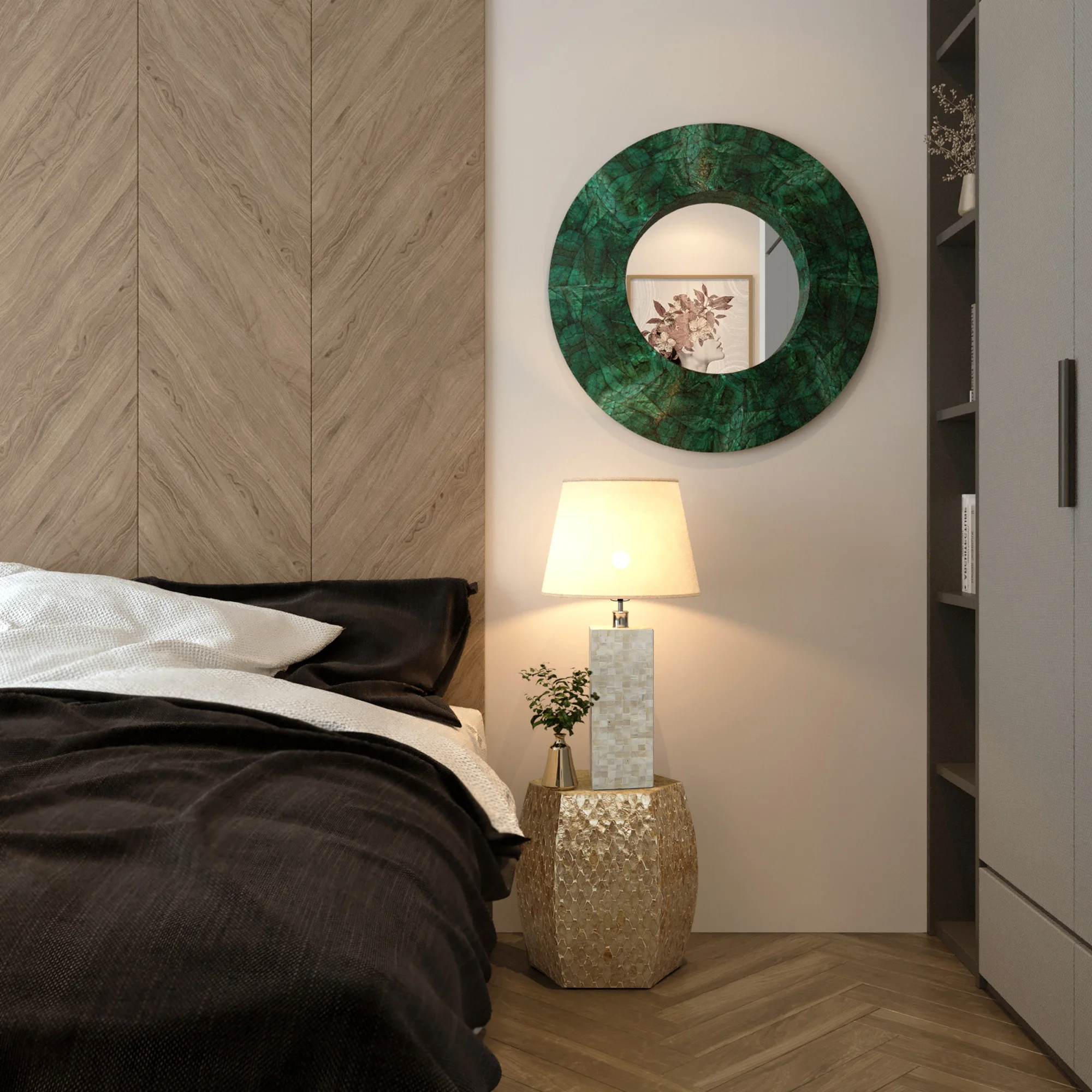 Handcrafted Round Wall Mirror Glass - Mother of Pearl Mirror Glass Wall Accent Coastal Entryway Round Framed 30inch Mirror Glass