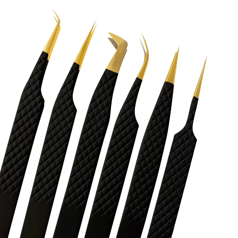 Black Powder Coated With Gold Tip Stainless Steel Eyelash Extension Tweezers, Fine Tips Tweezers