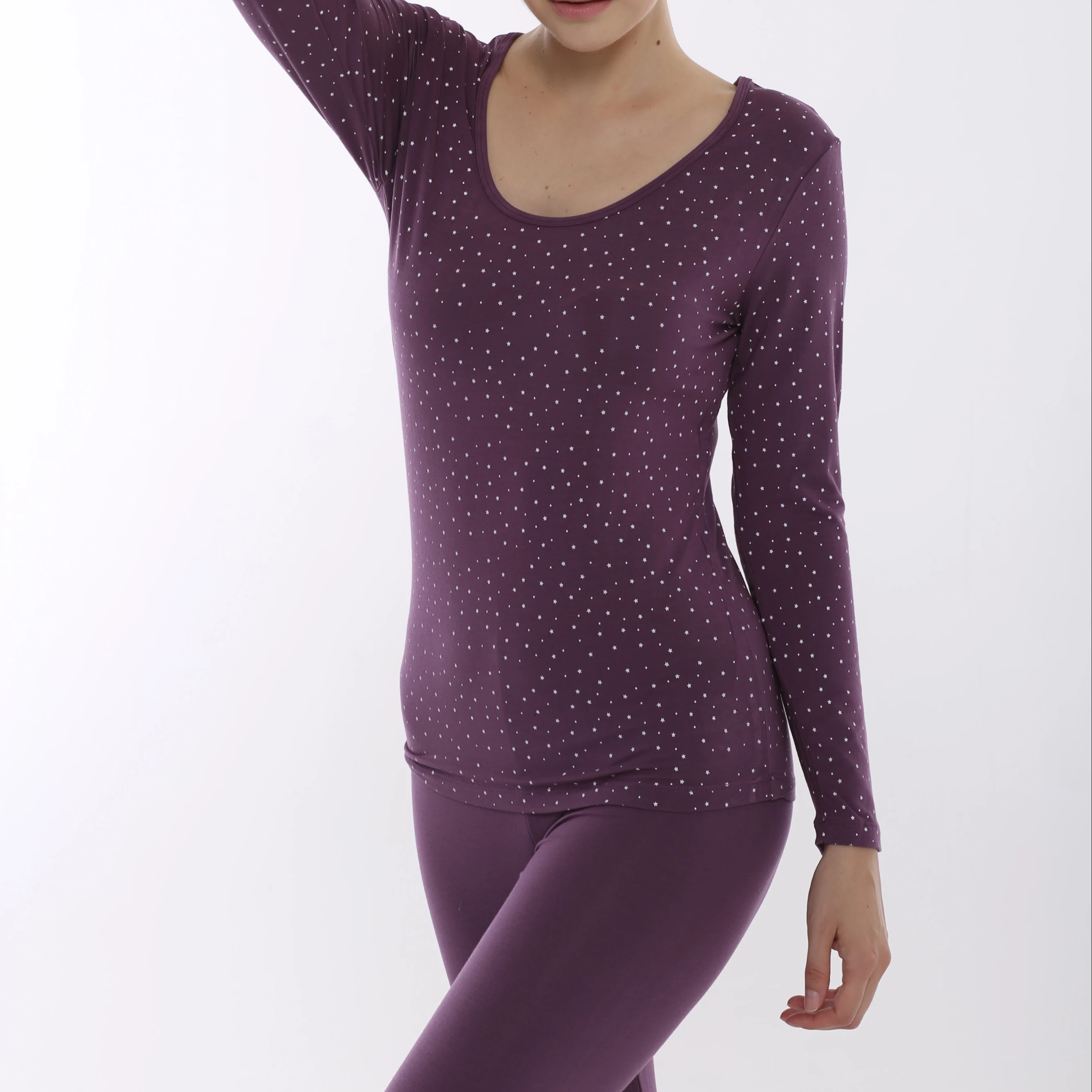 
Modal Thermal Printing Dots Long Sleeve Shirts Underwear Set Lingerie Set Women Purple 