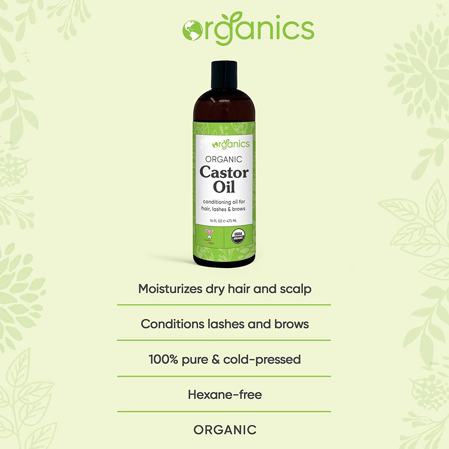 Castor Oil Organic Cold-Pressed (16oz) 100% Pure Hexane-Free Castor Oil - Conditioning & Healing, For Dry Skin, Hair Growth