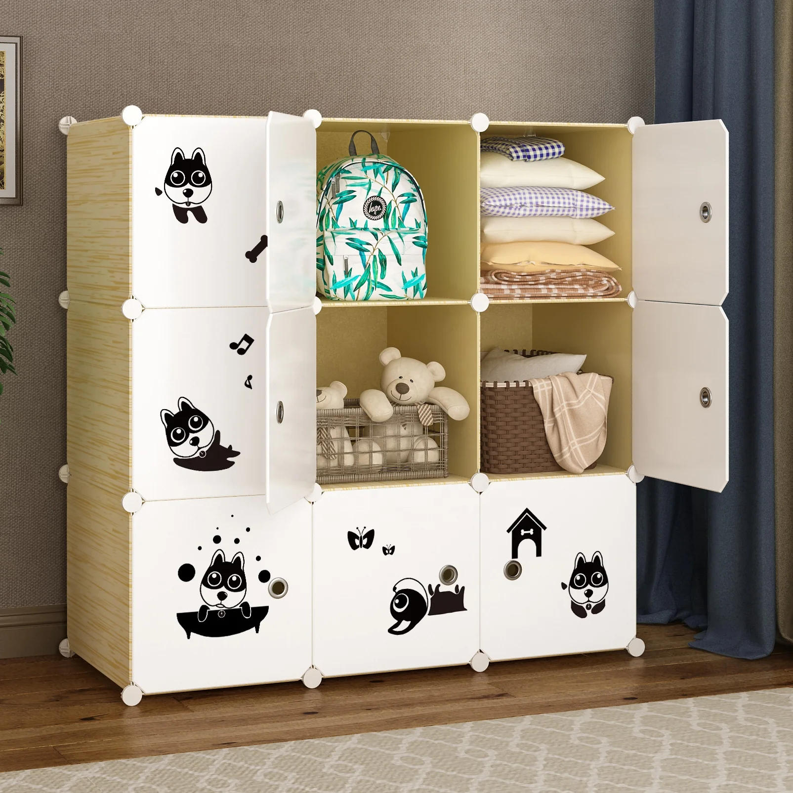 Hot Selling Cartoon Plastic Baby Clothes Closet Kids Storage Cabinet Shelf Bedroom Furniture Portable Wardrobe