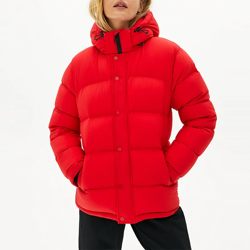 New Arrival Winter Red Down Waterproof Hooded Puffer Quilted Jacket Women Casual Warm Coat