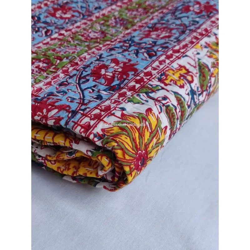 New Multi-Colour Indian Handmade Print Floral Cotton Kantha Quilt Beautiful Wholesale Kantha Bedspread