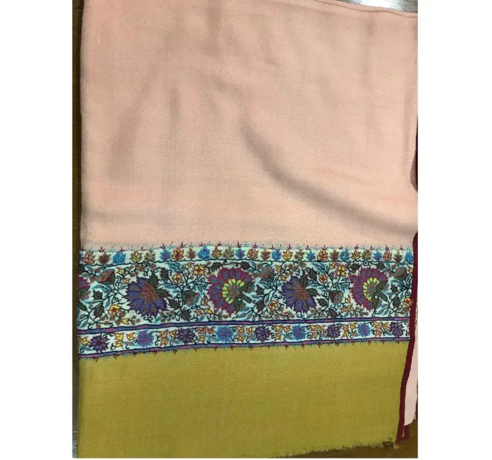 Pure Cashmere Stole Real Hand Embroidered ANTIQUE BORDER  ombre scarf