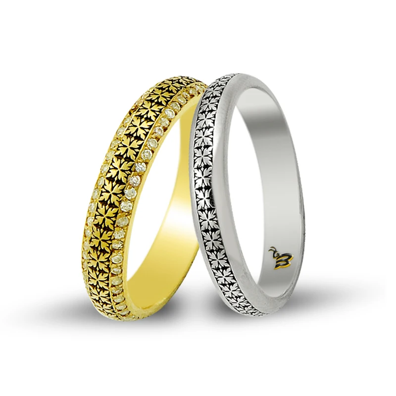NEW 14K Solid Gold Art Design His Her Wedding Band Custom Engrave Set Leaf Ring Wedding Bridal Rings Wholesale From Turkey