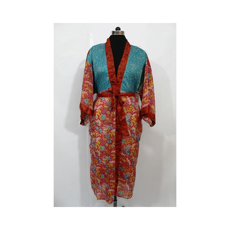 Women Casual Wear Kimono Robe Hippie Sari Bohemian Style Nightgown Beach Wear Sexy Silk Sari Printed Kimono Robe for Women