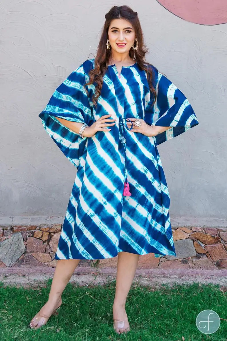 
India Boutique Wholesale Tie Dye Print Women Clothing Beachwear Indian Cotton Kaftan Silk Dress 