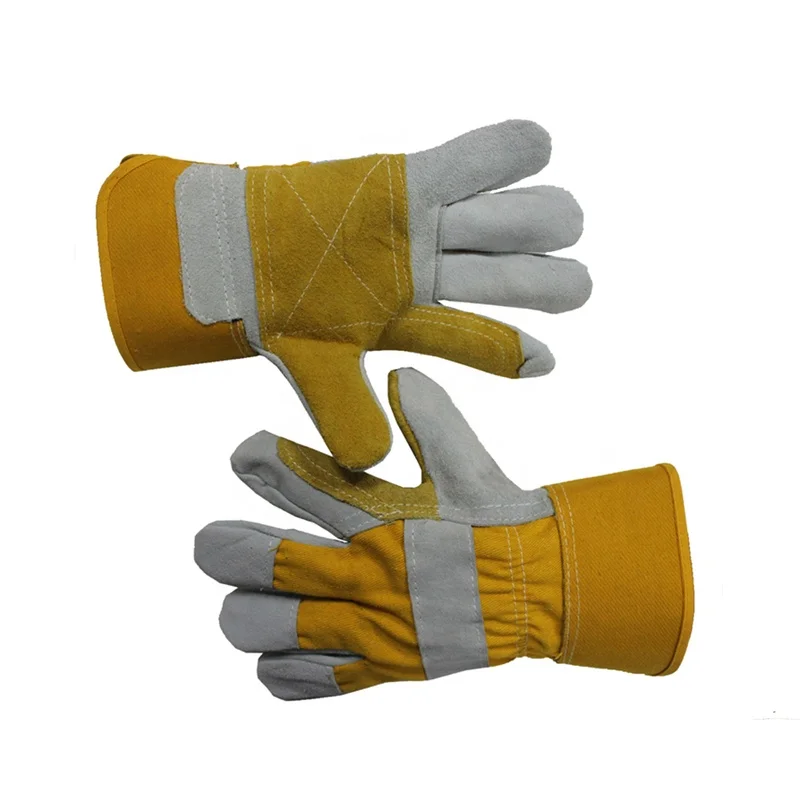 Yellow cow split leather Patch palm Yellow cotton drill back.Rubberized cuff.Half lining gloves luvas guantes Warehouse
