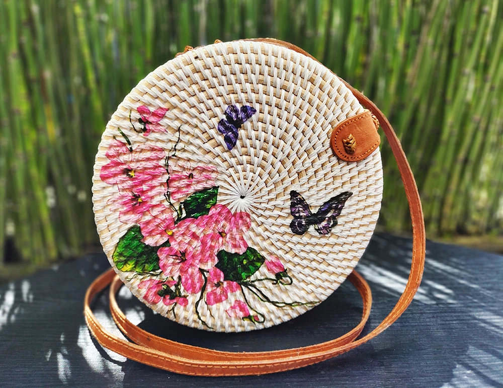 Распродажа сумка из ротанга в наличии Новое поступление пакеты с принтом декупажа Бали Индонезия
