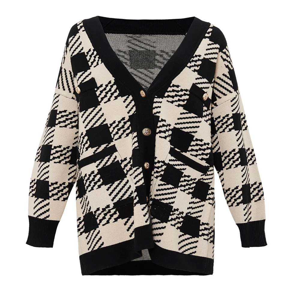 
Two Pocket Knitted Jacquard Cardigan Geo Pattern Jacquard Knit Cardigan with Button Closure 