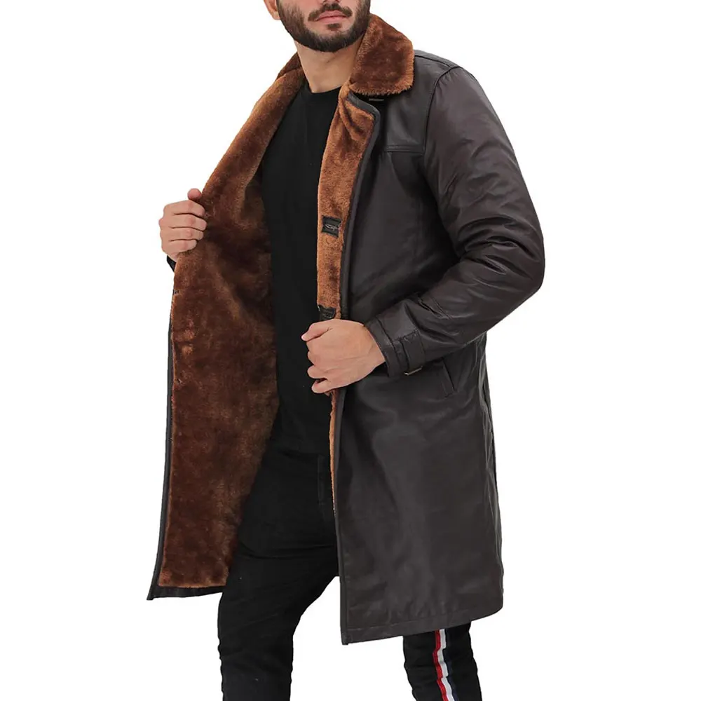 OEM Sheepskin Leather Bomber Jacket with Detachable Hood pure leather long coat for men