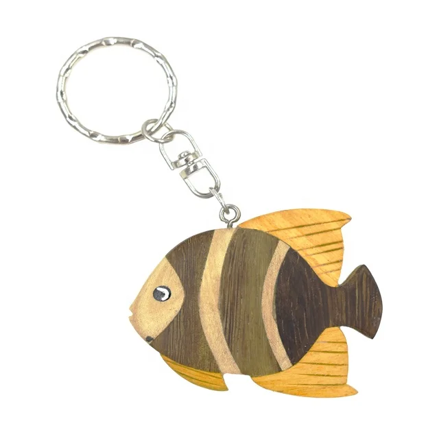 New design wood fish carving key holder customized hand printing animal shape key chain