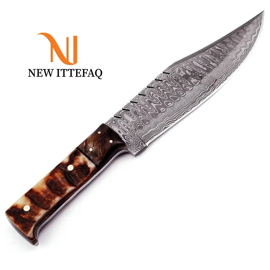 
Damascus Steel Bowie Knife 14 inches Hunting Survival Camping HANDMADE Full BUFFALO HORN Handle Free Cowhide Leather Sheath 
