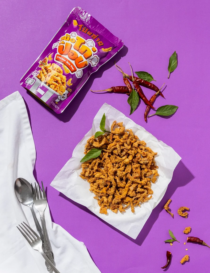 Poygai Crispy Fried Chicken Skin Pop Larb Flavor 42 g. Premium Quality from Thailand for 100% Export Hot Selling
