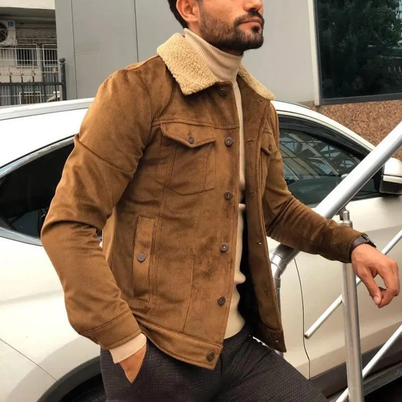 Mens Denim Style Shearling Fur Collar Suede Leather Jacket Causal Sherpa Fashion Bomber Genuine Leather Jacket Wholesale OEM