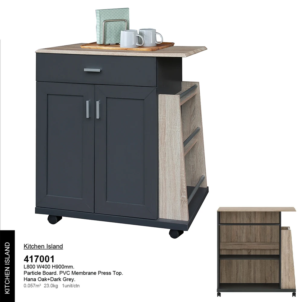 Solid Kitchen Island JPS 417001 Particle Board Lockable Caster Movable PVC Membrane Press Top High Durability Design Malaysia