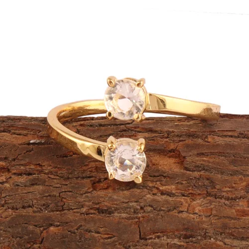 24K Gold Plated Faceted Clear Quartz Double Stone Statement Ring Fashionable Cute Adjustable Open Prong Set Wedding Wholesale