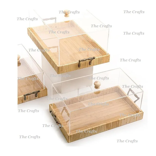 Rectangular Shape Wooden Serving Tray With Acrylic Cover Three Different Sizes Top Selling Serving Tray
