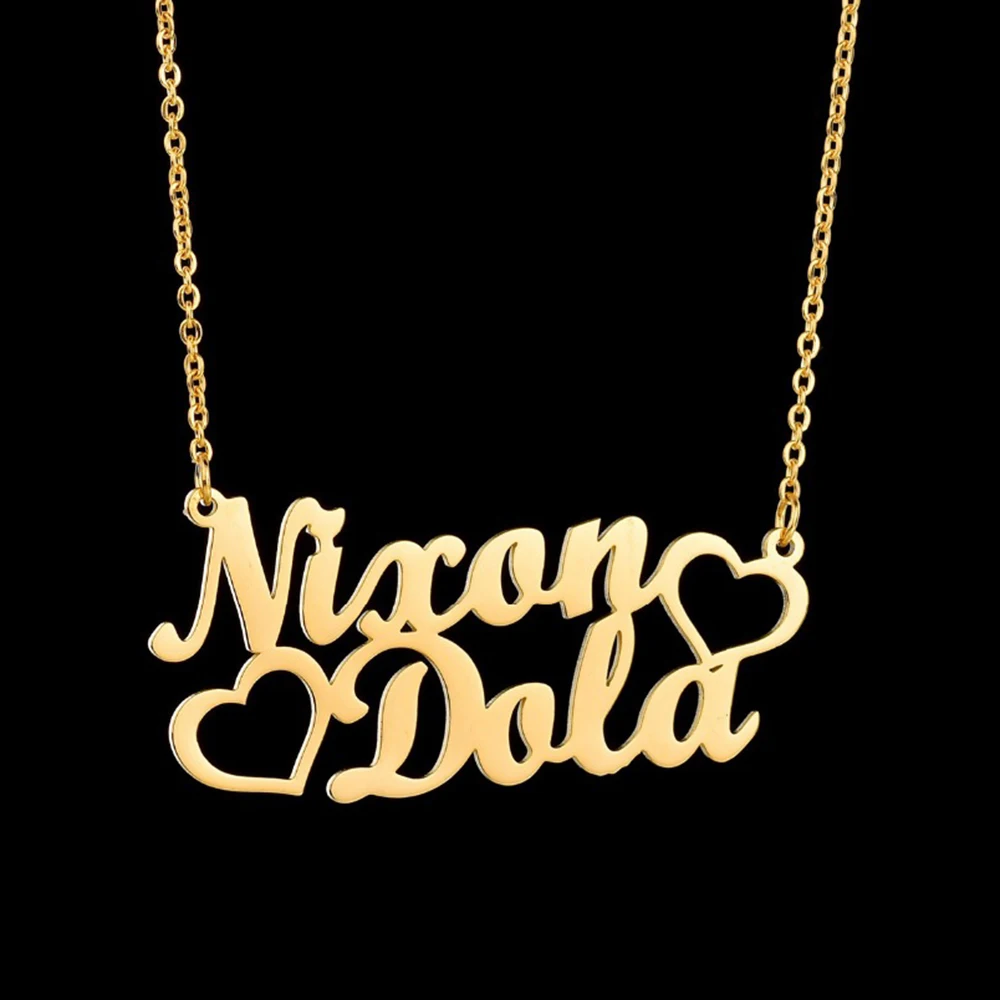 Gold Charm Heart Custom 2 Name Necklace Personalized Nameplate Letter Fashion Women Jewelry